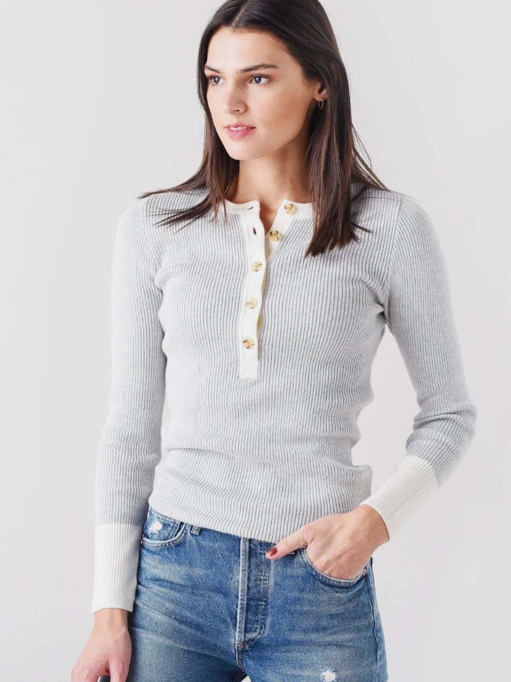 Faherty Mikki Henley Cashmere Organic Cotton Ribbed Sweater in Gray Size Medium